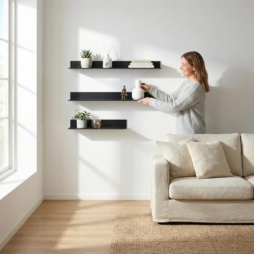 Z metnal Bathroom Shelf, Small Floating Wall Shelves, Decorative Ledge Shelf, Aluminum, Wall Mounted, Matt Black, 20/16/