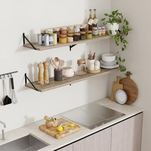 Axeman 12 Inch Deep Floating Shelves for Wall - 55 Inch Wide x 12 Inch Deep Wall Shelves Set of 2 - Rustic Grey Wood Flo