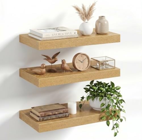 16" Floating Shelves for Wall, Set of 3, 8" Deep, 1.5" Thick, Oak Finish
