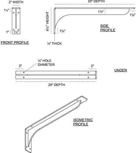 Ekena Millwork BKTM02X20X06EBAPW Steel Bracket Embrey, 2" W x 20" D x 6 1/2" H, Antiqued Pewter