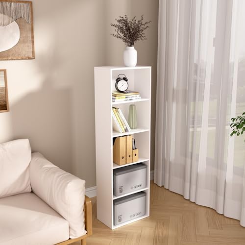 Wooden 5 Cube Storage Organizer, White 5 Tier Bookcase Bookshelf Freestanding Storage Display Organizer, Versatile Cubes