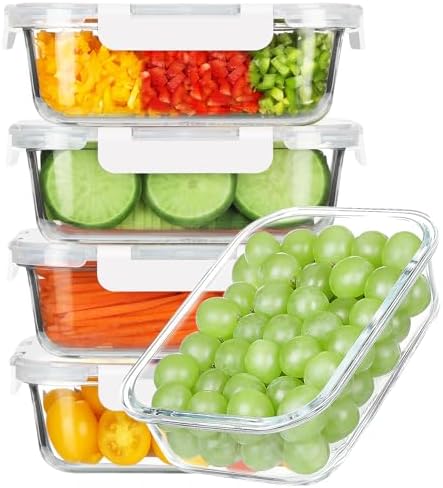 BAYZZ 5 Pack 35 Oz Glass Food Storage Containers with Lids, White