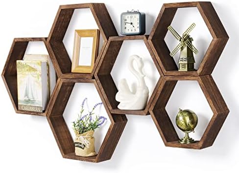 Hexagon Floating Shelves Set of 6, Paulownia Wood Honeycomb Wall Shelf