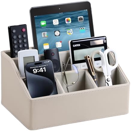 PU Leather Desk Organizer, Remote Control Holder, Dark Beige
