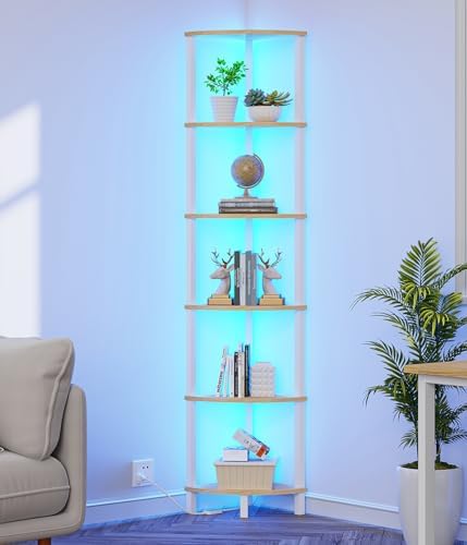 VIMBER 6-Tier Corner Shelf with LED Light, Industrial Corner Ladder Shelf, Rustic Display Shelf for Living Room, Bedroom