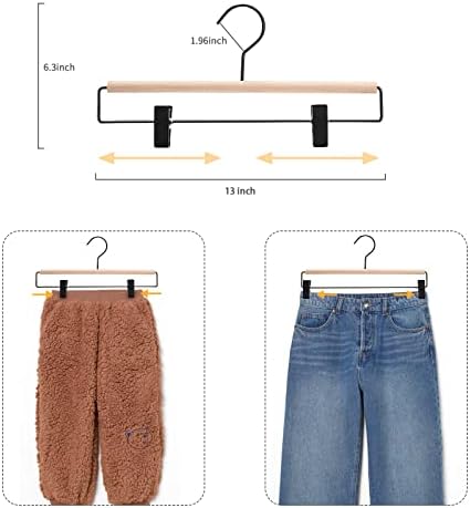 Nature Smile Beech Wooden Pants Skirt Hanger for Jeans Bottom Trousers with 2-Adjustable Black Matt Clips and Hook 10 Pack (Natural Wood+Black Metal)