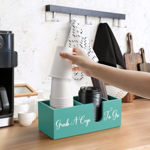 ALELION Turquoise Coffee Cup Organizer for Disposable Cups, Lids and Stir Sticks - 3-Compartment Countertop Cup Holder S