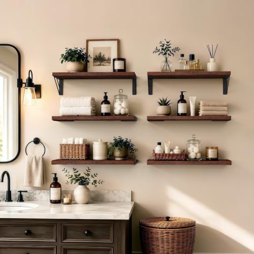 BAYKA Wall Mounted Floating Shelves (Rustic Brown, Set of 6, 16" Uniform)