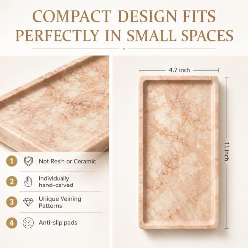 Pink Marble Tray for Vanity, Slim Natural Stone Decorative Tray for Bathroom, Perfume Organizer, Jewelry Dish, Kitchen &