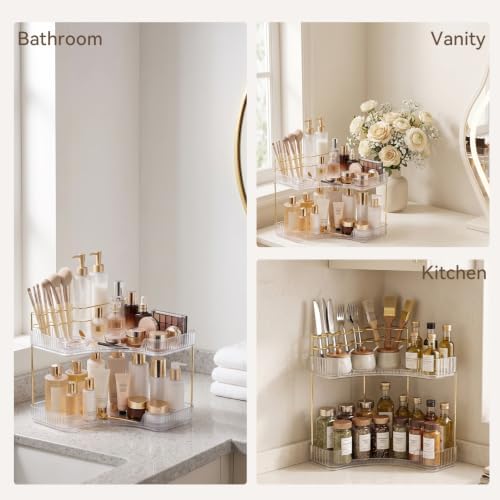 2-Tier Corner Bathroom Counter Organizer with Makeup Brush Holder, Clear