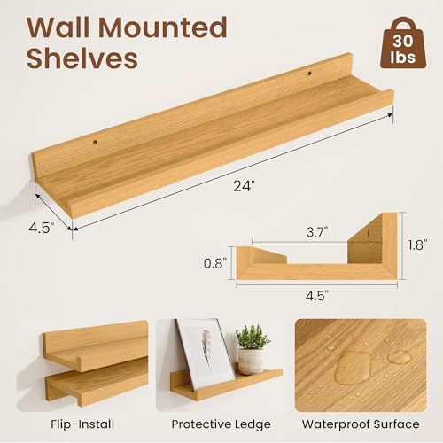 Heimlove Picture Ledge Shelf,24 inch Long Floating Shelves for Wall Set of 2,Picture Shelf with Lip for Wall Decor,Livin