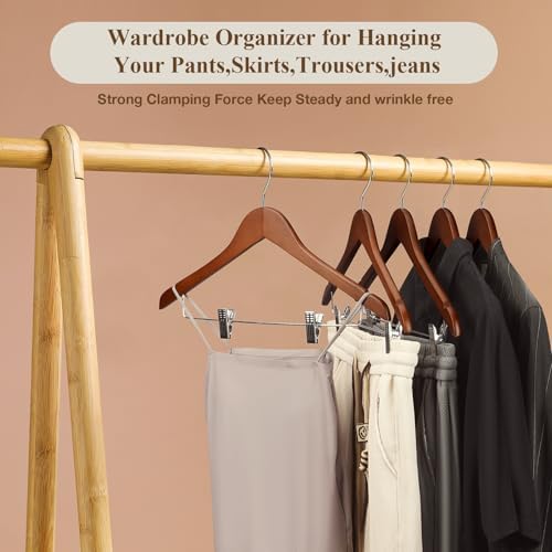 Wooden Hangers with Clips 12 Pack Wooden Pants Hangers,Skirt Hangers with Adjustable Clips,Hangers for Pants,Jeans,Slacks,Shorts（Walunt）