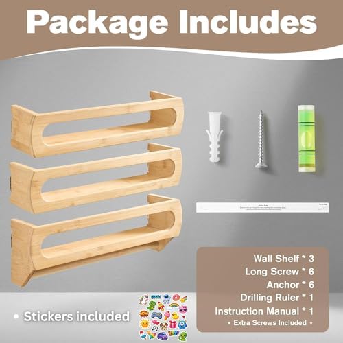 Nursery Shelves for Wall, Premium Bamboo Wood, Fully Assembled - Nursery Book Shelves, Book Shelf for Kids Rooms, Multi-