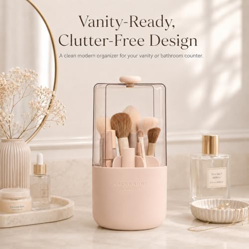 EACHY Makeup Brush Holder with Lid, 360° Rotating Vanity Organizer for Brushes, Dustproof Cosmetic Display Case, 7 Compa