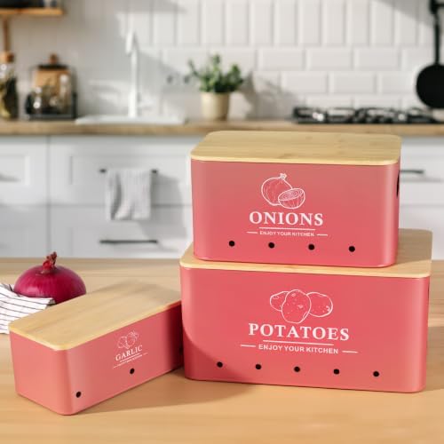 Kitchen Vegetable Storage Set of 3, Metal Onion Garlic Potato Storage Set, Kitchen Canisters Vegetable Keeper Containers