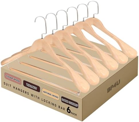 Wide Shoulder Wooden Hangers with Locking Bar, Natural Wood, 6-Pack
