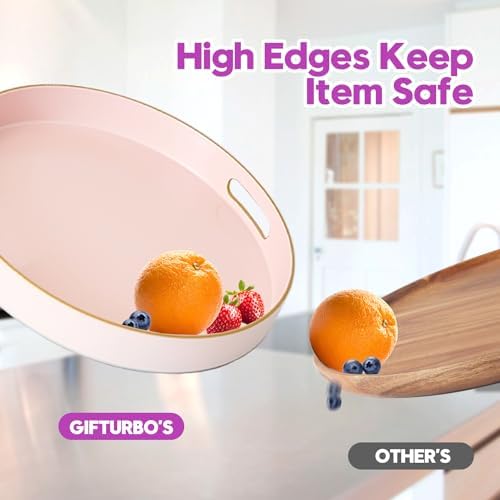Gifturbo Matte Pink Decorative Serving Tray,Round Serving Trays with Handles, Coffee Table Tray Ottoman Round Plastic Tr