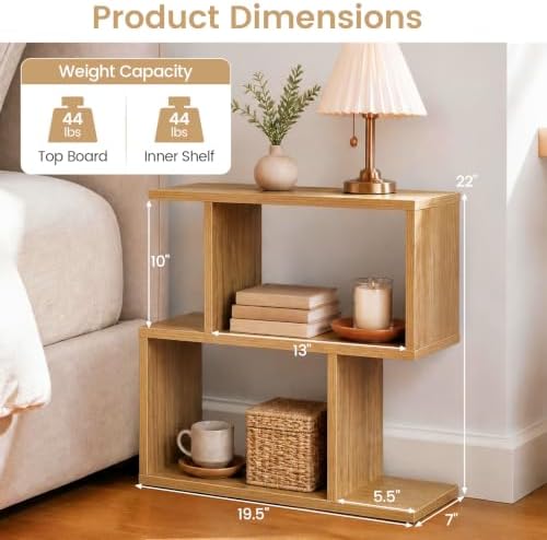 GIANTEX 3-Tier Wood S-Shaped Geometric Bookshelf Set of 2, Natural