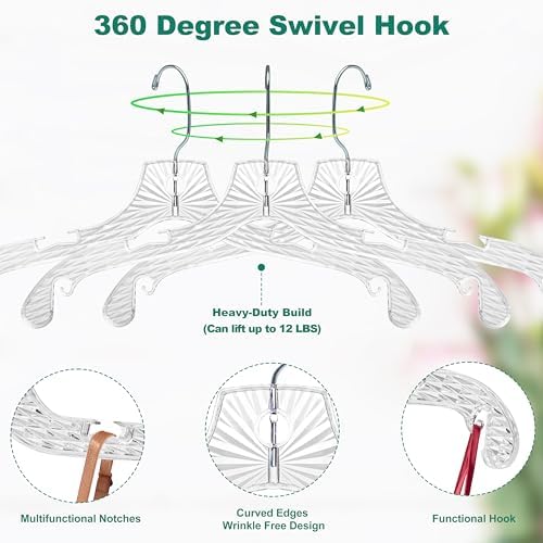 Quality Hangers 96 Pack Clear Plastic Hangers with Super Easy 360 Degree Swivel Hook – Shirt Hangers with Precision Notches for Secure Hanging – Slim Crystal Coat Hangers – 17 Inches (96, 17")