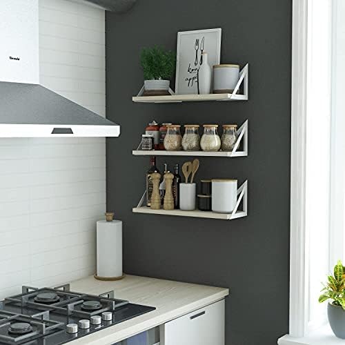 Wallniture Minori Floating Shelves for Wall Storage, Floating Bookshelf Set of 3, Bathroom and Kitchen Organizer Natural Wood Wall Shelves with White Brackets