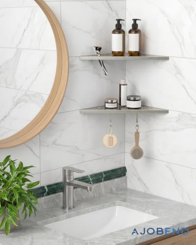 Corner Shower Shelves with Razor Slot & 2 Hooks, 10" Stainless Steel Recessed Triangle Shelf Racks for Bathroom, Grout i