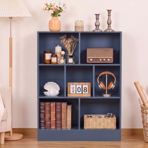 YAHARBO 3 Tier 7 Cube Mini Thin Bookshelf,Short Shallow Bookcase,Dark Blue