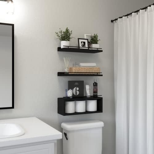 WOPITUES Floating Shelves for Wall with Cube Shelf, Wall Shelves with Metal Rail for Bathroom Decor, Bathroom Organizers