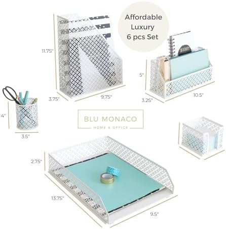 BLU MONACO | White Desk Organizer Set 6 Piece | Mail Sorter Organizer Countertop with Letter Sorter for Desk | Standing File Organizer for Desk with Pen Holders