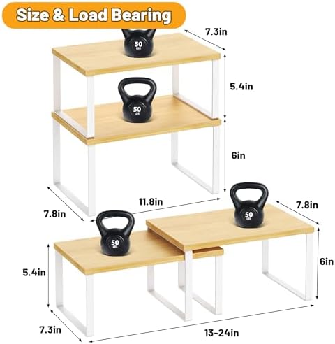 Kitchen Cabinet Organizer Shelf Set of 4, Sturdy Kitchen Counter Shelves with Metal Legs, Stackable Expandable Wood Spic