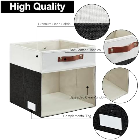 Bagnizer Storage Cubes, 4 Pack Linen Foldable Storage Bins (13 x 13 inch) with Clear Window and Handles, Fabric Organizer for Shelf Closet, Clothes, Books - (Black and White)