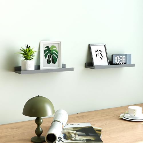 Grey Floating Shelves for Wall Decor, 14 in Shelf with Lip Set of 2