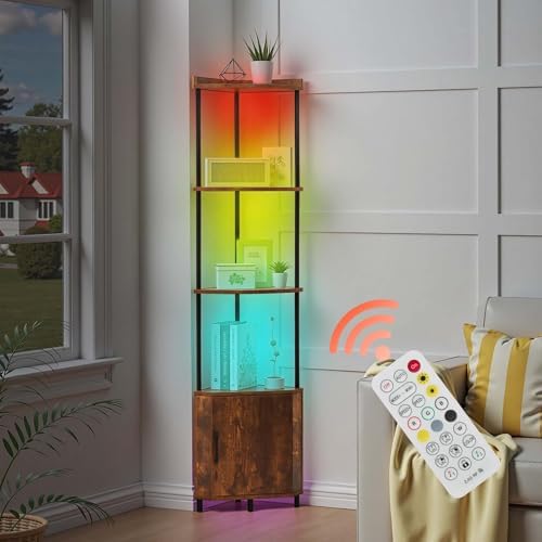 VEVOR 5 Tier Corner Shelf with LED Light, 65.4" Tall Corner Bookshelf with Storage Cabinet, Display Shelf with Multi-Col