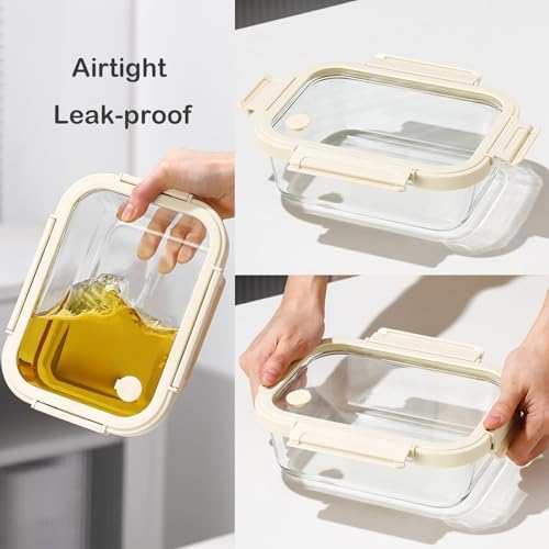 Glass Food Storage Containers with Glass Lids, Stainless Steel Salad Dressing Containers, Microwave-safe LeakProof Food Containers Set, 5-pack 35 oz（White）