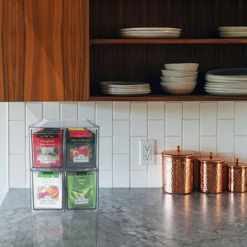 AZEZO 4-Pack Tea Bag Drawers Organizer - 4 Clear Plastic Drawer Tea Bag Holder; Stackable & Portable; Wider Size; Well-O