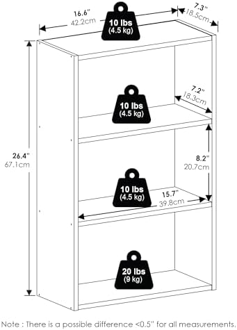 Furinno Basic Book Shelf, 3-Tier Bookshelf, Cube Storage Organizer Bookcase with Open Shelf, 7 x 17 x 26, for Living Roo
