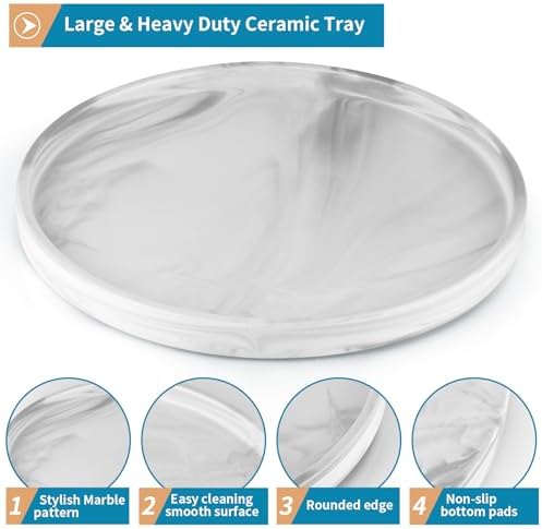 12" Large Ceramic Vanity Tray, Circle Perfume Plate Organizer, Jewelry Holder Dish, Non Slip Decorative Tray for Bathroo