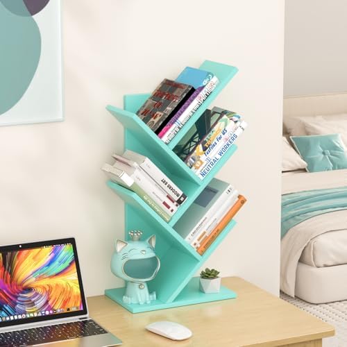 SHEEPAM Small Tree Book Shelf,5 Tier Bookshelf, Wood Desktop Bookcase
