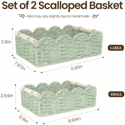 iEGrow Paper Rope Small Storage Baskets for Organizing, Set of 2 Scalloped Edge Wicker Basket with Wooden Handles Toilet Paper Basket for Over Toilet Storage Shelf, Home Decor, Living Room (Green)
