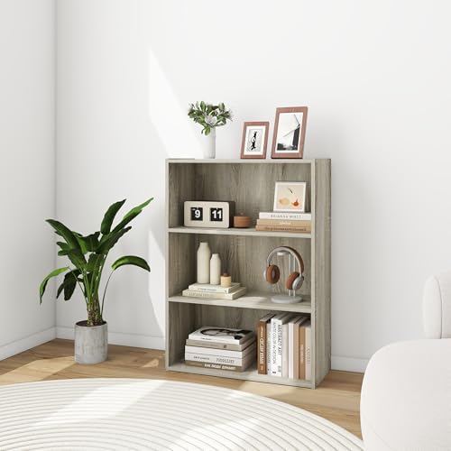 Wood Modern Bookshelf with 3 Display Shelves, Three-Tier Wooden Standing Bookcase, Bookshelf with Rustic Wood Shelves fo