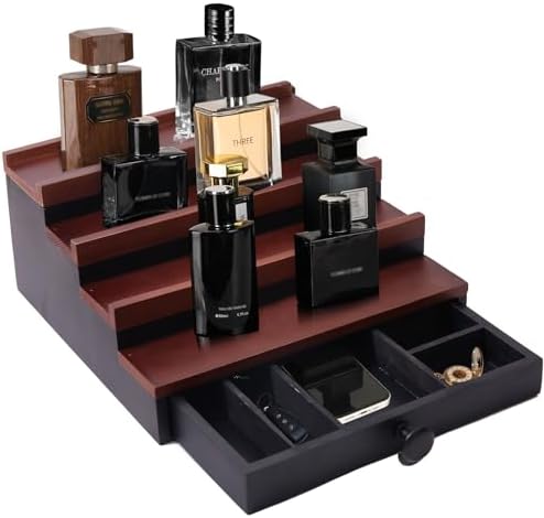 4 Tier Men's Cologne Organizer, Wooden Stand with Drawer Storage, Two Tone
