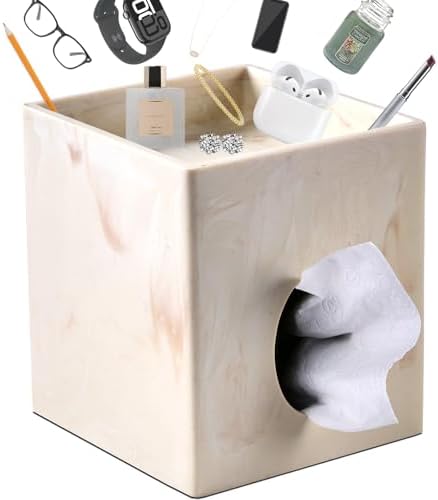 Beige Marble Look Square Tissue Box Cover with Storage Tray for Bathroom