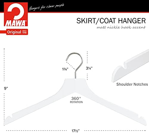 MAWA by Reston Lloyd, European Wooden Hanger, Beech Wood Straight Hanger with Shoulder Notches, Rotating Chrome Hook, Wh