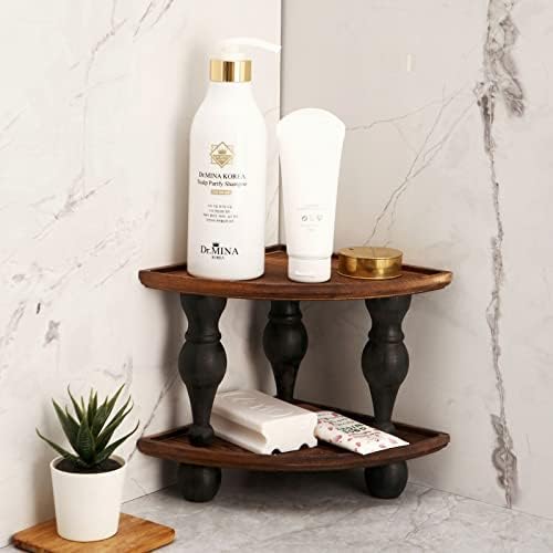 GoFika Small Corner Shelf Stand, 2 Tier Wooden Shelving Unit Black Riser, Vintage Corner Countertop Pedestal Stand Stack