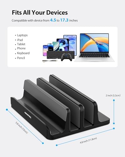 AboveTEK Vertical Laptop Stand Holder, 3 Slots Aluminum Desk Stand with Adjustable Dock Size for Tablet, MacBook, Phone 