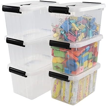 Sandmovie 6 Packs 6 Quart Clear Plastic Storage Bins with Lids, Plastic Organizer Boxes with Handles & Latches, Transpar