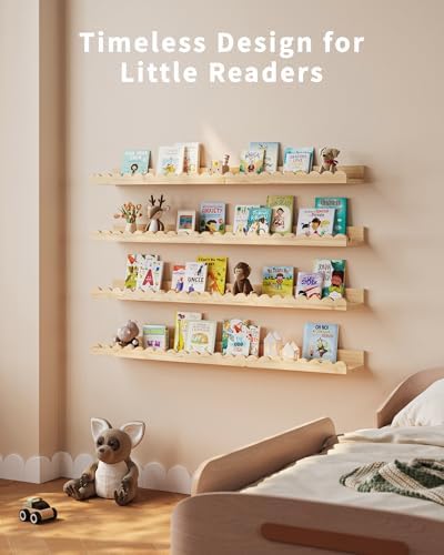 Shario Nursery Book Shelves, 4-Pack Wood Floating Shelves for Wall Kids, Scalloped Shelves, Wall Book Shelves for Bedroo
