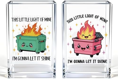 This Little Light Of Mine I'm Gonna Let It Shine Funny Acrylic Cosmetic Pencil Pen Holder Cup Set 2, Cute Dumpster Fire Pen Holder for Desk Office, Mental Health Gifts for Women Men Teachers