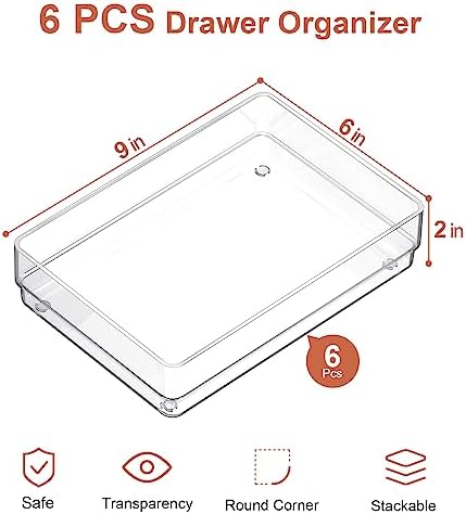 SMARTAKE 6 PCS Clear Plastic Kitchen Large Size Drawer Organizers Set