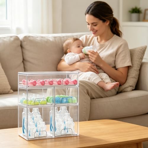 Baby Bottle Organizer 5 Pack Baby Bottle Storage Organizer Clear Bottles Station Acrylic Stackable Container Drawers Bin