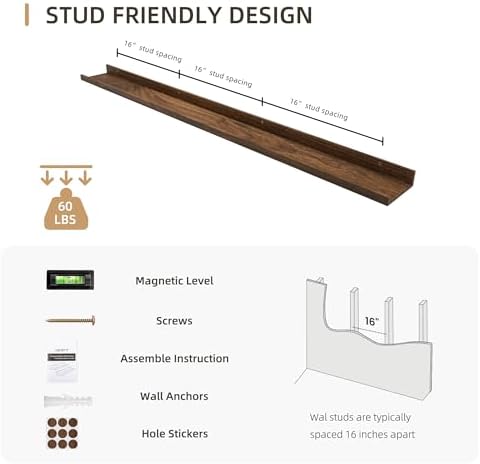 Acovy Picture Ledge Shelf, Wood, 56 inch, Walnut, Set of 2